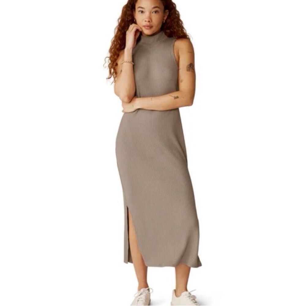 Beyond Yoga Well Traveled Taupe Rib Knit Athleisure Midi Dress Sz Small